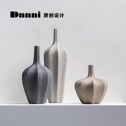 Dnnni拉丝纹细口瓶侘寂风陶瓷花瓶摆件样板间客厅卧室桌面电视柜