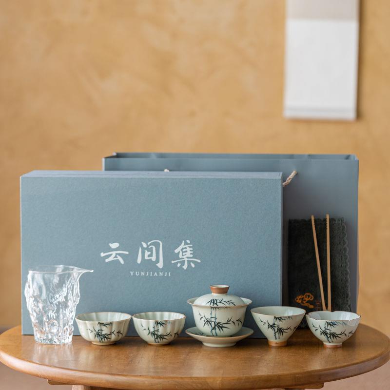 手绘竹子盖碗茶具套装家用泡茶碗陶瓷整套送礼茶杯高档