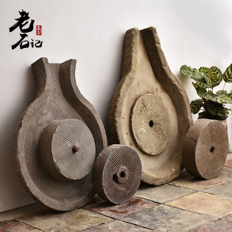长嘴磨盘石槽流水摆件组合庭院花园水景老石磨荷花景观旧石头鱼缸