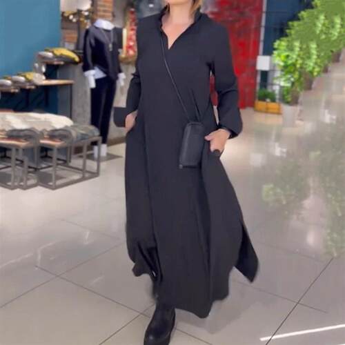 2025 Casual Loose Solid lor V-neck Pullover Long Sleeve Dres