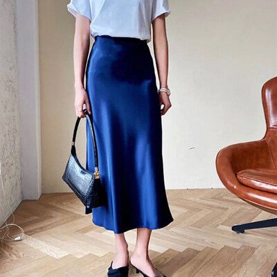 Silk Satin Skirts for Women Korean Style Champagne Office Hi