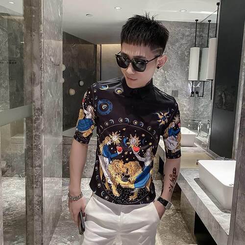 New shirt male social spirit guy slim three-quarter sleeve s