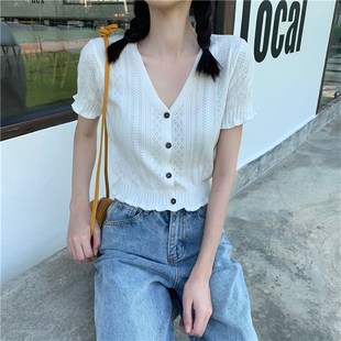 Woman TShirts Summer V-neck Hollow Knitwear Womens Short Sl