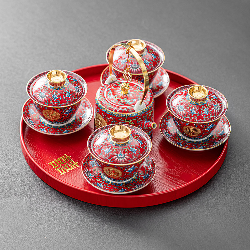珐琅彩结婚改口敬茶杯四个宫廷风中式盖碗装新婚茶壶茶具一整,节庆用品/礼品,喜碗/敬茶杯,淘宝优惠券,粉丝福利购,淘宝优惠卷
