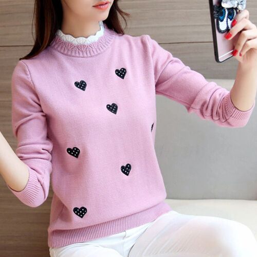 Peonfly Women Turtleneck Sweater Solid Color Embroidery Cart