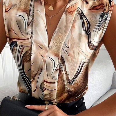 Summer Womens Top Blouse Fashion Print Tops V-neck Sleevele