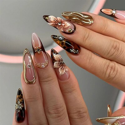 24Pcs Gold Ripple Brown Flowers False Nails with Rhinestones