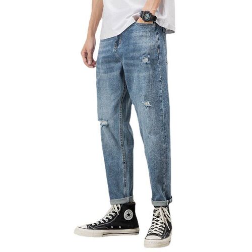 Spring Light Color Jeans Mens Loose Straight Ripped Casual
