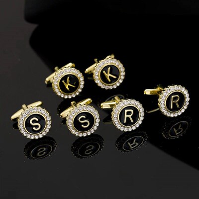 2 Pcs Crystal Around Initial A-Z Cufflinks Alphabet Letter R