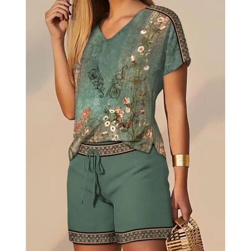 Elegant Two Piece Sets Women Outifits Casual Short Sleeve Fl