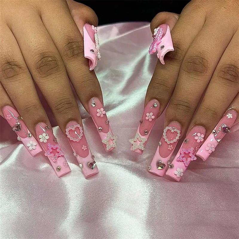24Pcs Long Square Press on Nails Love Pattern Design Artific - 实物图