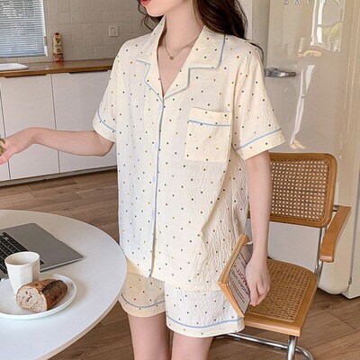 Summer Pyjamas Set for Women Short Sleeve Shorts Open Collar