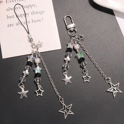 Goth Y2K Phone Charm Star Pearl Keychain Pendant Kawaii Key