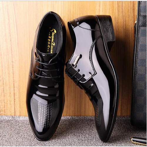 Men business suit black lacquer leather shoes pointed shoes