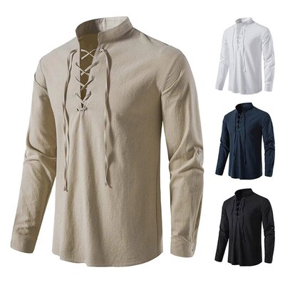New Mens Casual Blouse Cotton Linen Shirt ops Long Sleeve T