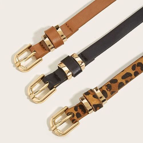 Retro Leopard Print Leather Thin Belt for Women Metal Buckle