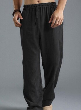 Plus Size Men Cotton Linen Long Pants Elastic Waist Loose St