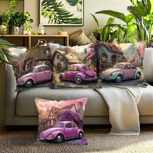 Retro Cars And Houses Pillowcase Printed Polyester 45x45cm