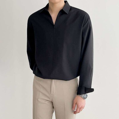 MYQ Mens Loose Pullover V-Neck Long-Sleeved Shirt Fashionab