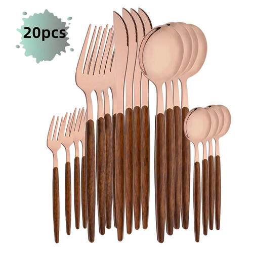 20Pcs Dinnerware Set Stainless Steel Imitation Wooden Handle