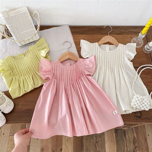 Girls Fly Sleeve Dress 05 Years Pure Color Fashion Princess