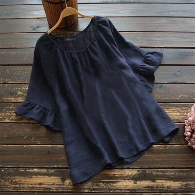 Retro Plain Short Sleeve Ruffled Blouse Womens Summer Shirt