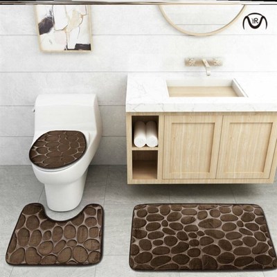 3PCS Set Bath Mat Rug Non Slip Push Bathroom Toilet 浴室地垫
