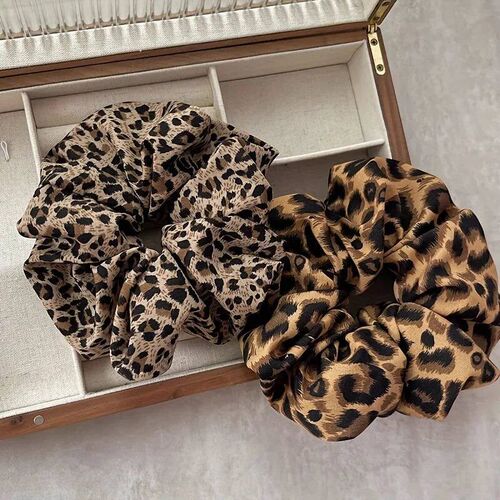 2pcs  Elegant Leopard Print Hair Scrunchies Set, Fabric High