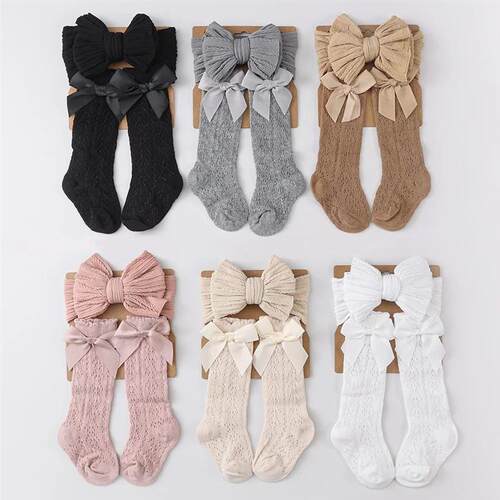 2Pcs/Set Vintage Fall Baby Finshnet Stockings Solid Cable Bo