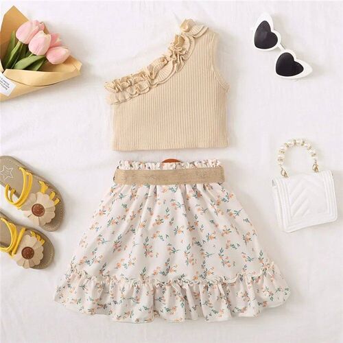 2PCS Kids Baby Girl Clothes Set Retro Off-Shoulder Top+ Flow