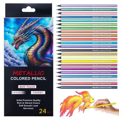 24 Color Metallic Colored Pencils Drawing Sketching Set Pain