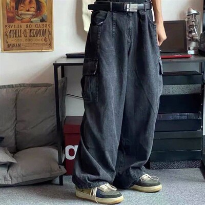 Baggy Jeans Mens Oversize Cargo Korean Black Wide Pants