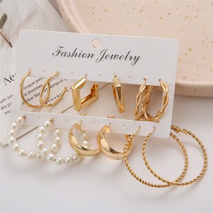 Gold Color Pearl Hoop Earrings Set Metal Dangle Earrings Vin