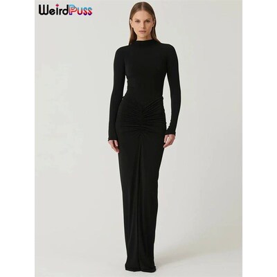 Weird Puss Hipster Ruched Dress Women o-NeckFull Sleeve