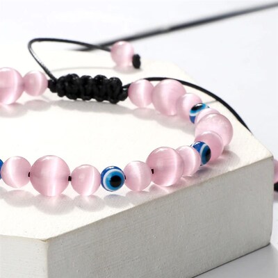 Blue Evil Eye Beaded Bracelets Natural Cat Eye Stone 6 8mm O