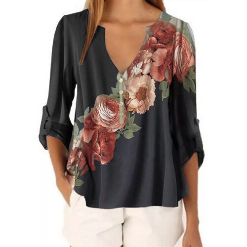 Flower Printed Patchwork Color Chiffon Blouse Women 2023 Aut