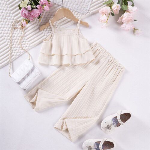 Multicolor Solid Summer Girls Wave Striped Solid Strappy Set