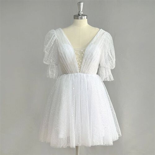 DIDEYTTAWL Real Photo Puff Sleeves Sparkly Tulle Mini Short