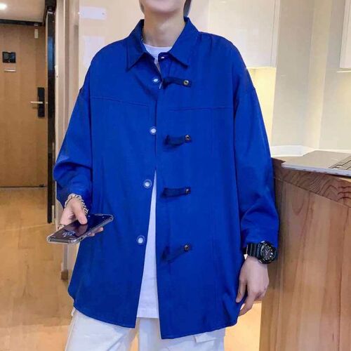 Summer Loose Klein Blue Shirt Mens Seven-point Sleeve Duffy