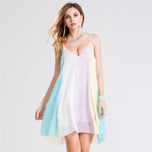 New Chiffon Rainbow Sling Dress Beach Skirt