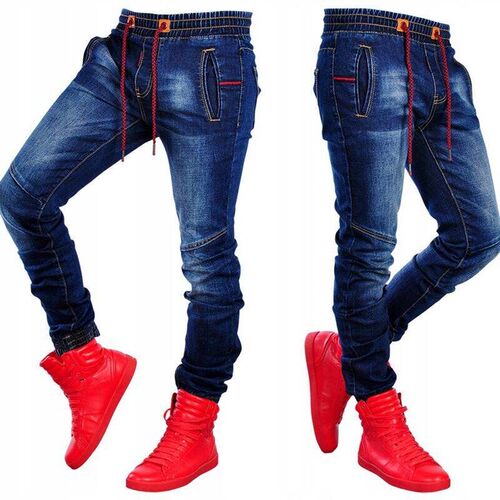 Mens New Large-Size Jeans Elasticize Waist Tie Slim Casual