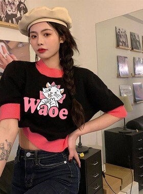 2022 New Women Clothing Contrast Color Cartoon Sweet Short S