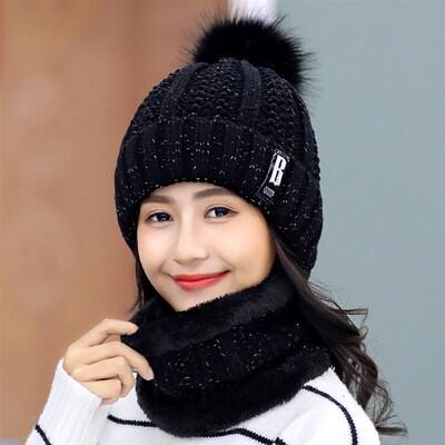 Winter Women Thick Knitted Beanie Hat warm Plush Neck Gaiter