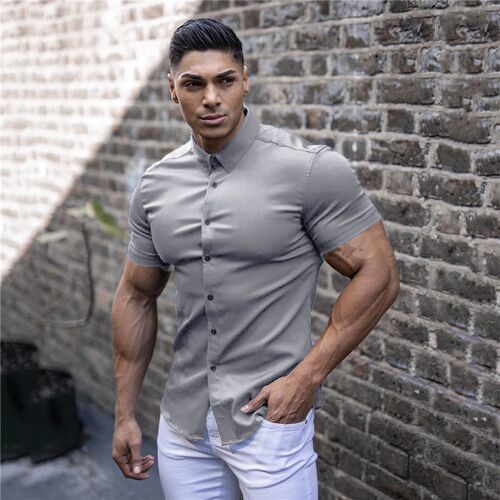 Men Fashion Casual Short Sleeve Solid Shirt Super Slim Fit M