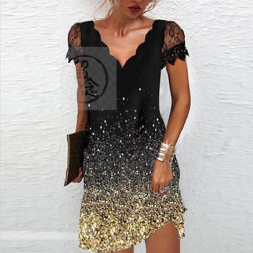 -New womens wavy V-neck lace stitching short-sleeved dress