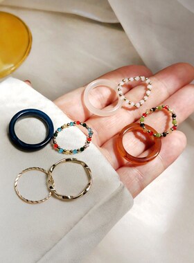 4PCS Womens Ring Summer Crystal Beaded Vintage Rings Set Ne