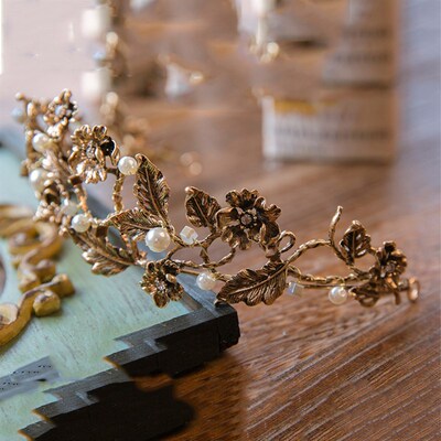 Vintage Baroque Gold Pearl Leaf Bridal Tiara Crystal Crown H