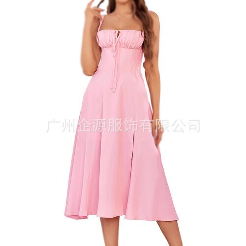 2025 Solid lor Sling Lace-up Dress With Split Hem Holiday Dr