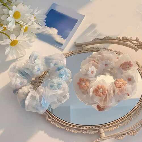 Sweet Embroidery Flowers Mesh Scrunchies Women Romantic Pink