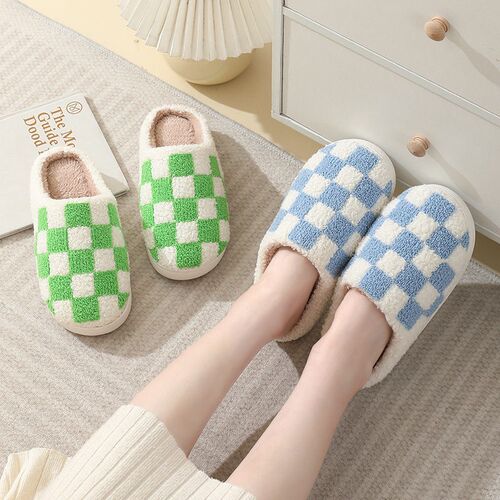 Checkerboard Cotton Slippers For Men And Women, Indoor Home